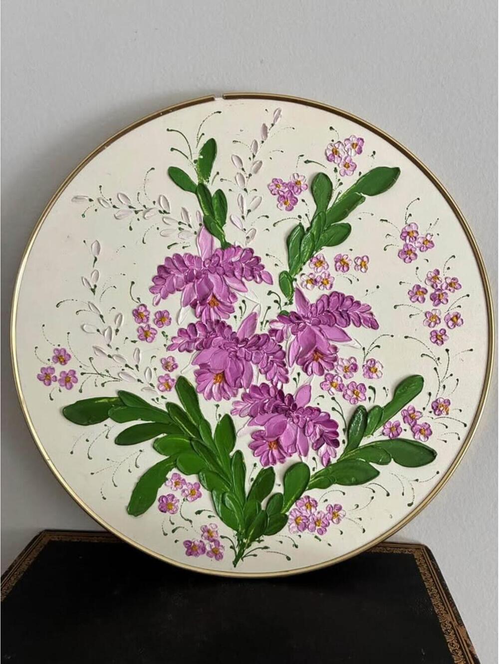 Vintage Hand Painted Floral Metal Rim Pink Flowers Round Wall Decor 12”